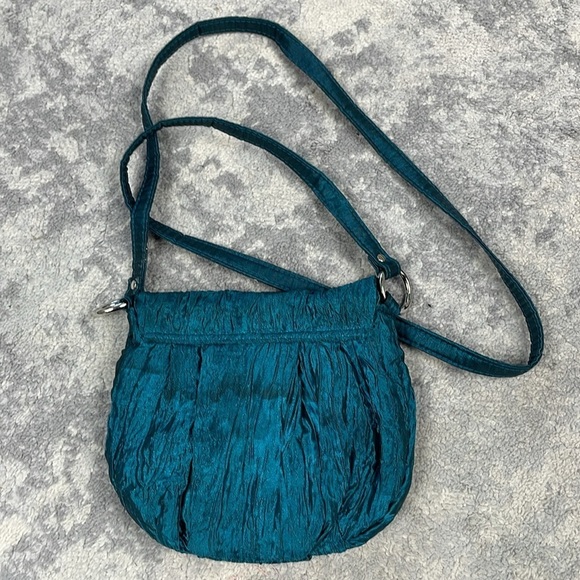 Fashion Express Shiny Crinkle Satin Bow Flap Small Evening Bag Crossbody Blue - Picture 3 of 10